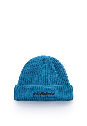Knitted beanie in bright blue, featuring a ribbed texture. Includes a black rectangular logo patch on the folded cuff.