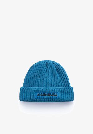 Gestrickte Mütze in strahlendem Blau, mit einem gerippten Muster. Enthält ein schwarzes rechteckiges Logo-Patch an dem umgeschlagenen Saum.