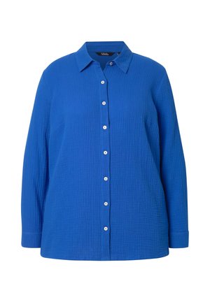 Blaues Hemd mit Knopfleiste aus texturiertem Stoff, langen Ärmeln und klassischem Kragen. Verfügt über weiße Knopfverschlüsse vorne.