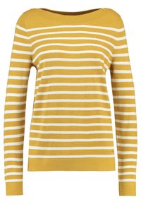 Maglione a strisce gialle e bianche con maniche lunghe e scollo ampio. Realizzato in morbido tessuto, presenta polsini e orlo a coste.