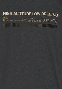 Mørkegrå t-shirt med gyldent tekst og en vandret sort stribe. Teksten inkluderer "HIGH ALTITUDE LOW OPENING" og et bjerggrafik.