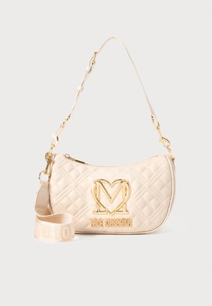 Beige quilted handbag with gold "Love Moschino" logo, detachable adjustable shoulder strap, and fabric crossbody strap with brand name.