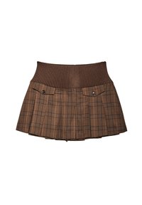 Gonna a quadri marroni con vita a coste, presenta due tasche frontali con bottoni a pressione, design plissettato e una finitura sartoriale.