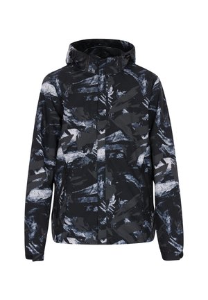 Sort og hvid mønstret vandtæt jakke med hætte, som har lynlåslukninger og lange ærmer. Glat tekstur, afslappet pasform.