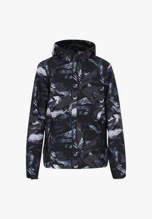 Zwart-witte gestreepte waterdichte jas met capuchon, voorzien van ritsen en lange mouwen. Gladde textuur, relaxed fit ontwerp.