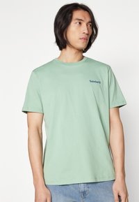 Mann med mellomlangt mørkt hår iført en mintgrønn Timberland t-skjorte og lyse blå jeans, som ser mot høyre mot en hvit bakgrunn.