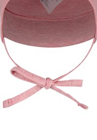 Pink fabric sun hat featuring a wide brim and adjustable tie closure. Material has a soft texture with a heathered pattern.