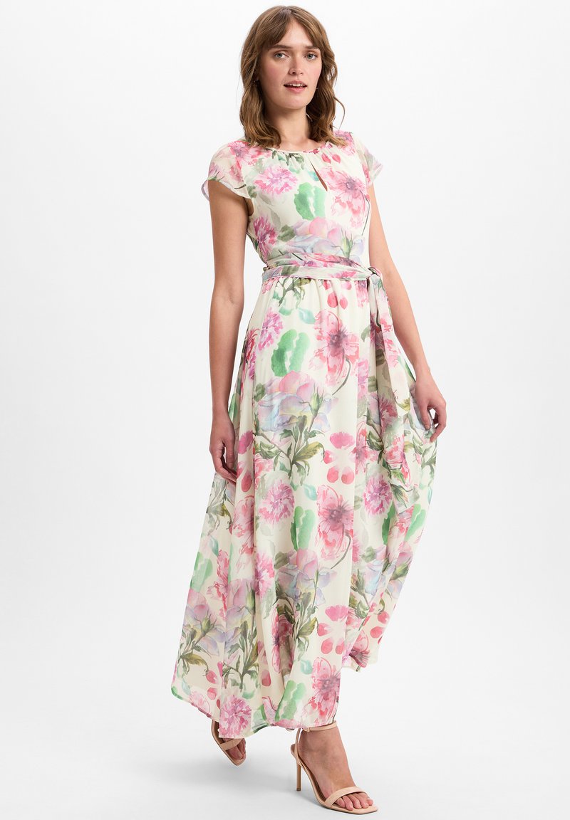 Florales Maxikleid aus leichtem, fließendem Stoff in Pastelltönen von Rosa, Grün und Blau; mit kurzen Ärmelchen, tailliertem Schnitt und Gürtel.