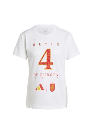 Hvit bomulls T-skjorte med røde og gule grafiske detaljer. Teksten sier "REYES 4 DE EUROPA" med årstall og Adidas-logo. Korte ermer.