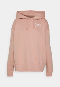 Felpa con cappuccio rosa chiaro, con cordini frontali e logo bianco "PARIS SAINT-GERMAIN" e Nike sul petto.