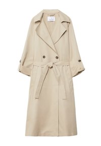 Trench-coat beige en tissu lisse. Modèle croisé avec ceinture à nouer, gros boutons et manches retroussées. Comprend des poches latérales.