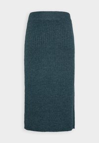 Jupe crayon en tricot de couleur bleu sarcelle. Présente une texture à côtes verticales et une taille haute. Tissu doux avec une finition lisse. Longueur mi-mollet.