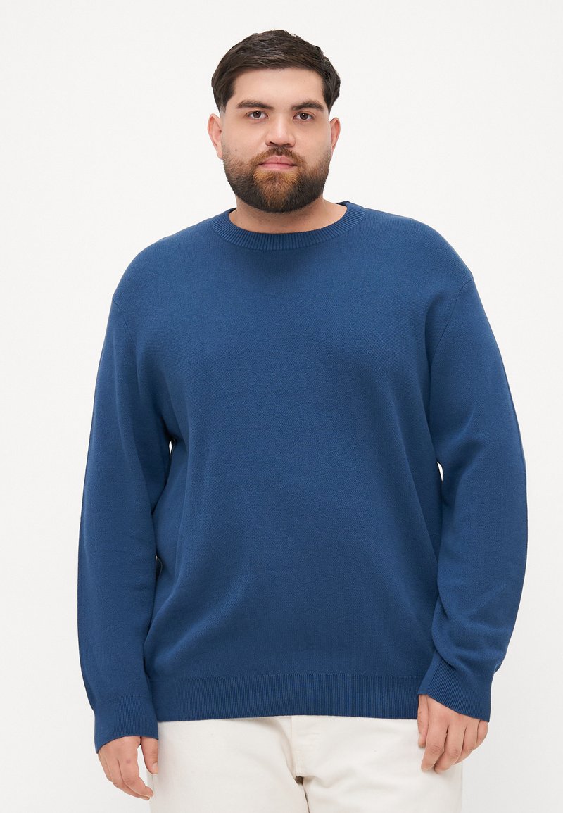Pull en maille bleu avec un col rond, des manches longues et des poignets côtelés. Texture douce et coupe décontractée. Porté sur un pantalon de couleur claire.