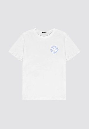White cotton t-shirt with a round neck, short sleeves, and a light blue smiley face graphic with text on the upper left chest.
