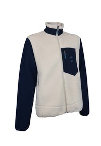 Veste en polaire avec un corps crème et des manches bleu marine, équipée d'une poche poitrine zippée, d'un col montant et d'une fermeture éclair bleue contrastante.