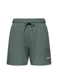 Groene katoenen shorts met een elastische tailleband en koord. Voorzien van opdruk in witte letters "LIMITLESS" op de onderste linkerzijde. Glad materiaal.