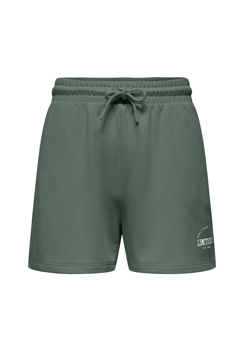 Groene katoenen shorts met een elastische tailleband en koord. Voorzien van opdruk in witte letters "LIMITLESS" op de onderste linkerzijde. Glad materiaal.