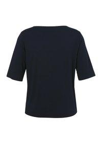 Marineblauwe T-shirt met korte mouwen en ronde hals, gemaakt van soepele stof. Heeft een relaxte pasvorm en geen zichtbare sluitingen of versieringen.