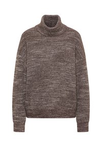 Suéter marrón de punto con cuello alto, patrón texturizado y puños y dobladillo acanalados. Hecho de un material suave y grueso.