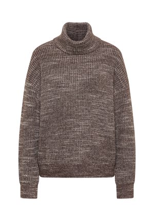 Brun stickad tröja med polokrage, strukturerat mönster samt ribbade muddar och fåll. Tillverkad av ett mjukt, tjockt material.