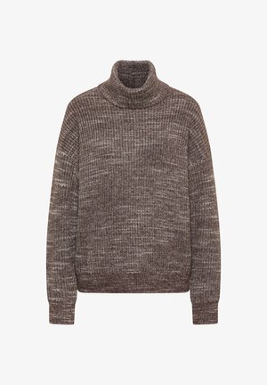 Suéter marrón de punto con cuello alto, patrón texturizado y puños y dobladillo acanalados. Hecho de un material suave y grueso.