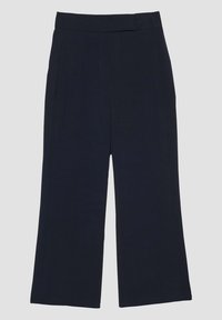 Navyblå vidabyxor i mjukt tyg, med platt midja och sidfickor, med rena sömmar och inga synliga mönster.