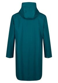 Teal regnjacka med huva, långa ärmar och justerbara manschetter. Har ett slätt, vattentätt material och en rak skärning.