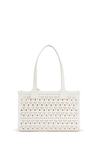 White tote bag with cut-out triangle pattern. Smooth texture, two sturdy handles, and square shape with reinforced corners. Zipper closure.