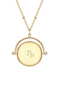 Collana a pendente color oro con forma circolare, simbolo zodiacale inciso e una cornice metallica curva. La catena presenta piccoli anelli rotondi.
