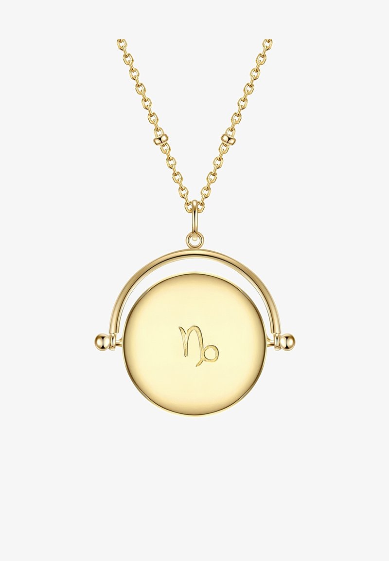 Collana a pendente color oro con forma circolare, simbolo zodiacale inciso e una cornice metallica curva. La catena presenta piccoli anelli rotondi.