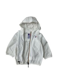 Giacca leggera bianca con cappuccio, polsini elasticizzati, zip a contrasto e dettagli con logo. Tessuto liscio e vestibilità comoda, adatta per bambini.