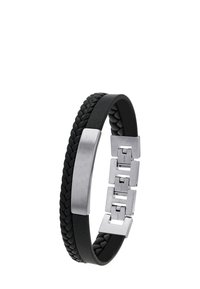 Pulsera de cuero trenzado negro con un acento de metal plateado liso y tres eslabones metálicos rectangulares. Diseño duradero y elegante.