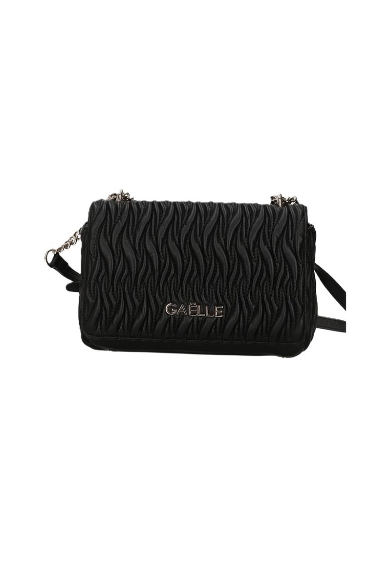 Borsa a tracolla nera con motivo testurizzato ondulato, accessori in tonalità argento e logo impresso sul davanti. Presenta una tracolla a catena removibile.