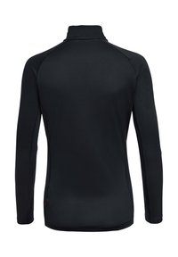 Schwarze langärmlige Sportjacke mit hohem Kragen, von hinten gezeigt, mit tailliertem Schnitt und glatter Stoffstruktur.