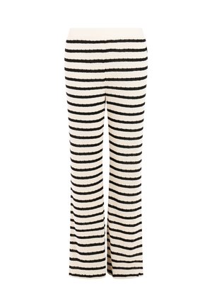 Zwart-witte, horizontaal gestreepte gebreide broek met rechte pijpen en elastische tailleband, voorkant weergegeven op een witte achtergrond.