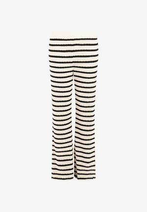 Black and white horizontal striped knit pants with a straight-leg cut and elastic waistband, displayed front-facing on a white background.