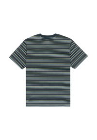 Cotton t-shirt with short sleeves, featuring horizontal stripes in dark blue, yellow, and white. Rounded neckline, casual fit.