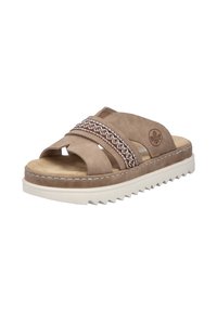 Brown suede slide sandal with dual straps, decorative woven accent, cushioned insole, and a white serrated sole.