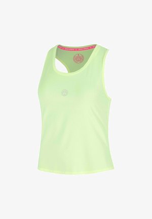Hellgrünes ärmelloses sportliches Tanktop mit Racerback, kleinem Logo auf der Brust und pinker innerer Nackenmarke.