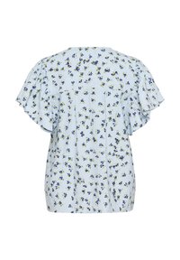 Kvetinová blúzka s bledomodrým pozadím, kratkými volánovými rukávmi a vzorom malých bielych, námorníckych a zelených kvetov.