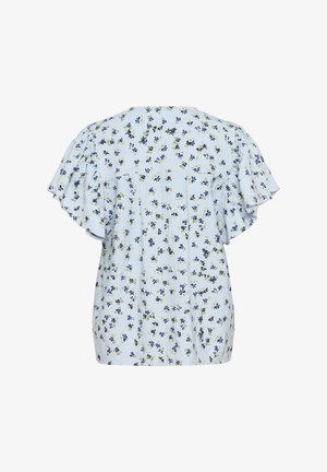 Lilledeaga bluus heleda sinise taustaga, lühikeste volangvarrukate ja väikeste valgete, tumesiniste ja roheliste lilledega mustriga.