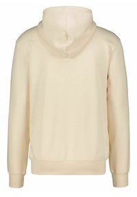 Haut à capuche crème avec une texture lisse, des manches longues et une capuche. Doté de poignets et d'un ourlet côtelés, avec un design simple et minimaliste.