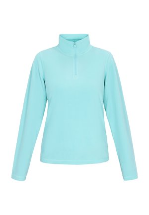 Pulover din fleece de culoare albastră deschisă, cu fermoar pe un sfert, guler înalt, mâneci lungi și o textură netedă, moale. Fără modele sau accente prezente.