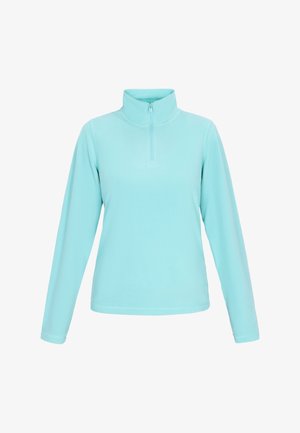 Helehelesinine fliispullover, millel on veerandlukuga, kõrge kaelus, pikad varrukad ning sile ja pehme tekstuur. Mustrid ega aktsendid puuduvad.