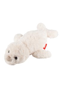 Plush white seal toy with soft fur, round body, small flippers, and a stitched nose. Features black eyes and a red brand tag.