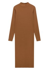 Robe marron à manches longues avec col haut, fabriquée en tissu côtelé, présentant un design simple et droit sans embellissements.