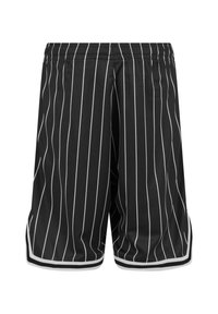 Svarta sportshorts med vertikala vita ränder, elastisk midje och vita detaljer vid fållen. Tillverkade av lättviktsmaterial.