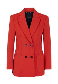 Doppelreihiger roter Blazer aus strukturiertem Stoff, mit fallenden Revers, zwei Vordertaschen und schwarzen Knöpfen. Innenfutter sichtbar.