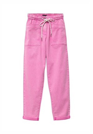 Pantalon rose taille haute avec ceinture élastique, cordon blanc, deux grandes poches plaquées à l'avant et ourlets retroussés.