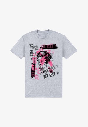 Šedé tričko s černorůžovým graffiti stylem obrázku kreslené ženy v klobouku a slovem „pretty“ opakovaným v různých písmech.
